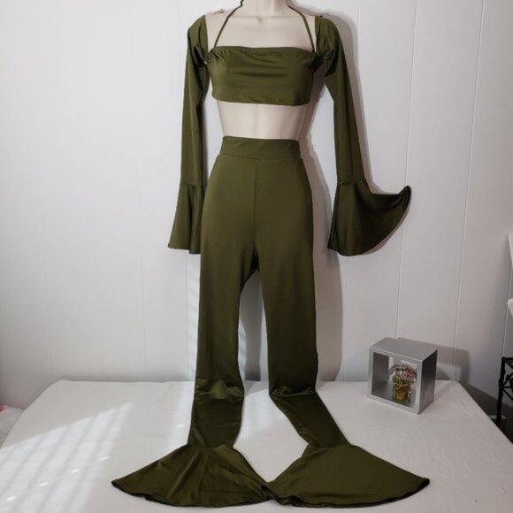 Stripper Extraordinaire 2pc Olive Green Outfit Halter Tube Top - Picture 1 of 11